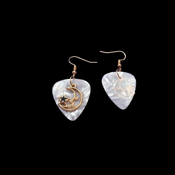 Hand Crafted Earrings Repurposed Guitar Picks Man in the Moon Starry Night NIP - Picture 5 of 9